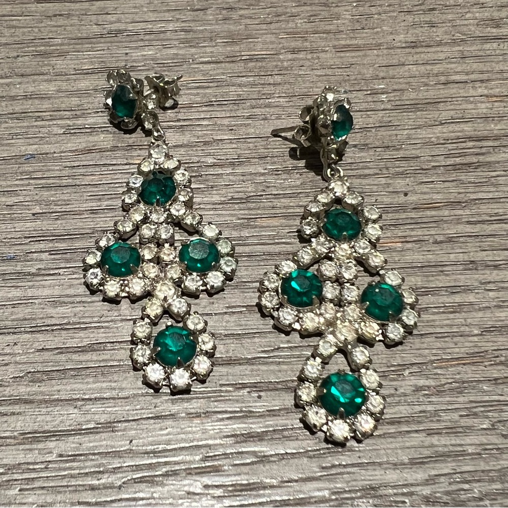 Vintage Faux Diamond & Emerald Drop Earrings